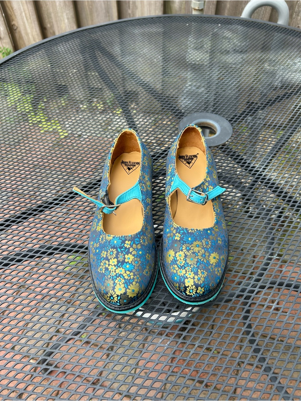 John Fluevog Blue Floral Mary Jane Flats
